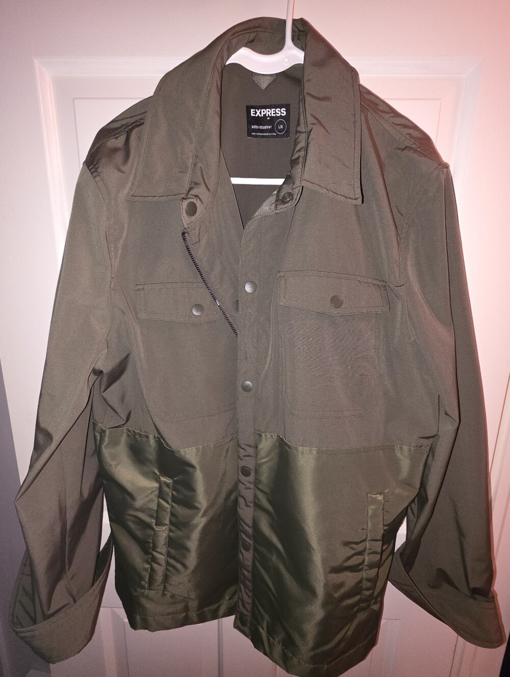 Express Men's Water Resistant Field Jacket Green Size L Zip/Button Pockets